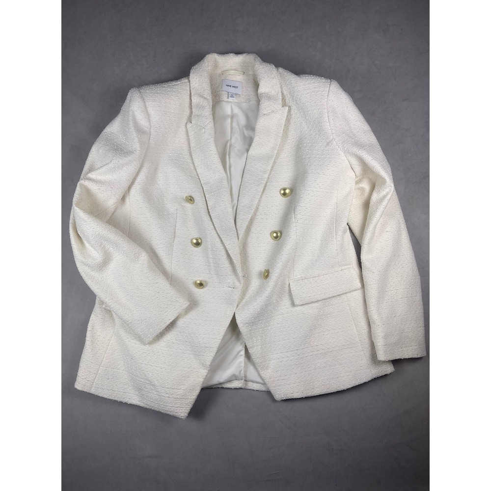 Nine West Ivory Tweed Double Breasted Blazer Gold Buttons Metallic Shimmer XL - Picture 1 of 6